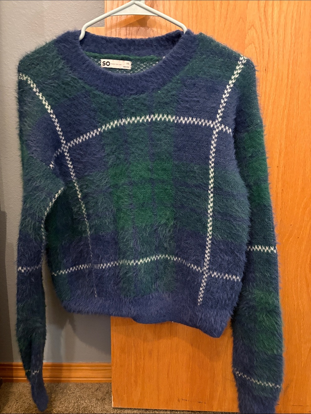 SO Plush Plaid Crewneck Sweater - Navy & Green